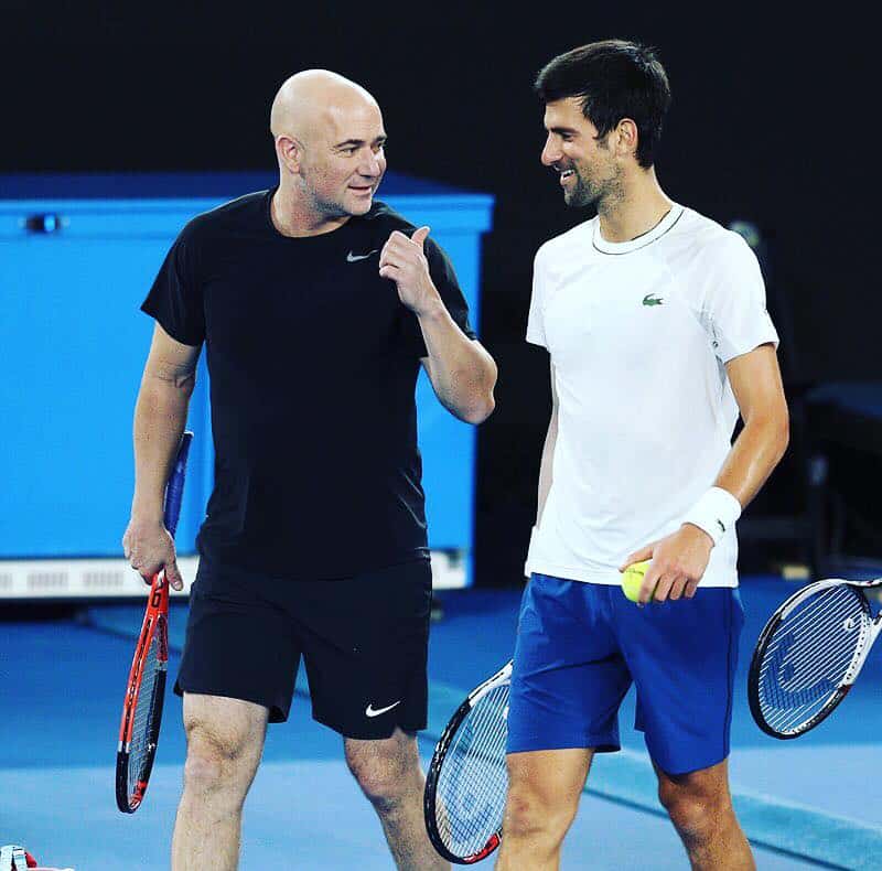 Andre Agassi with Novak Djokovic in 2018 Australian Open
