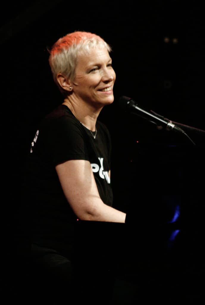 Annie Lennox promoting awareness about HIV/AIDS at a concert