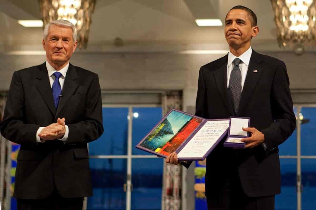 Barack Obama with the Nobel Peace Prize in 2009