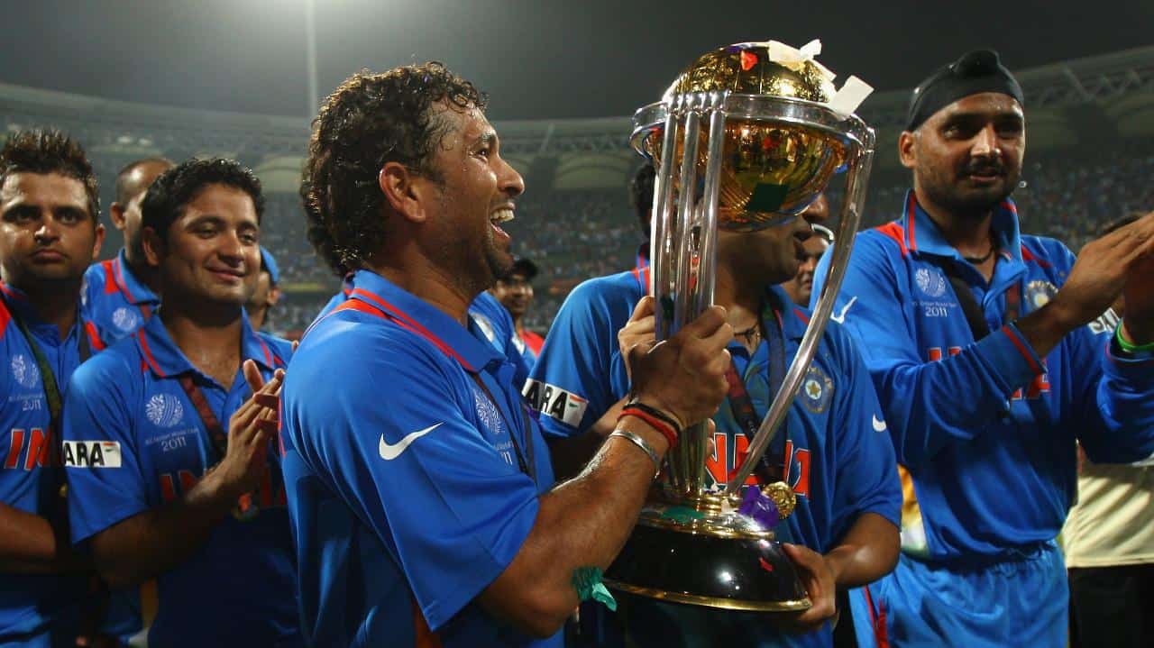Sachin Tendulkar lifiting the world cup 2011