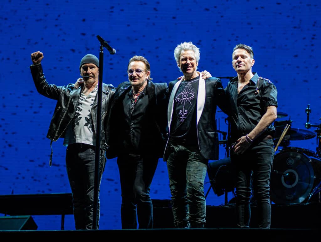 Bono with his U2 bandmates in Sydney