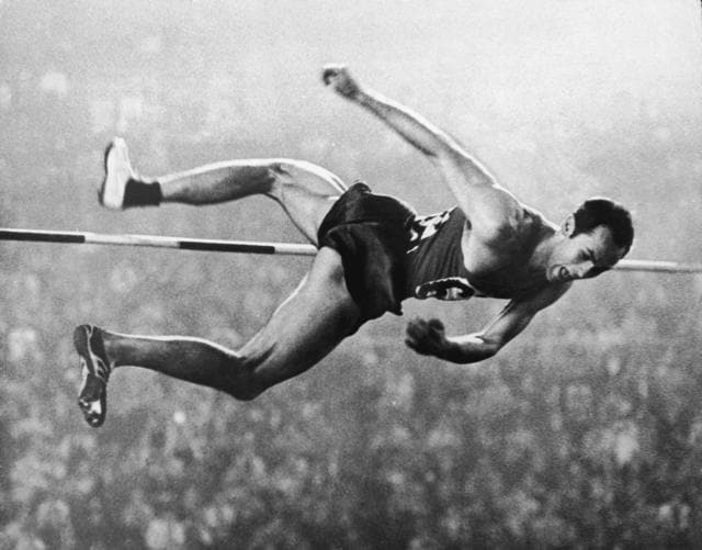 Valeriy Brumel during a high jump.