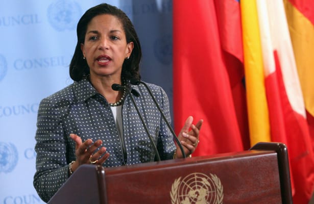 U.S. ambassador to the United Nations, Susan Rice, giving a speech