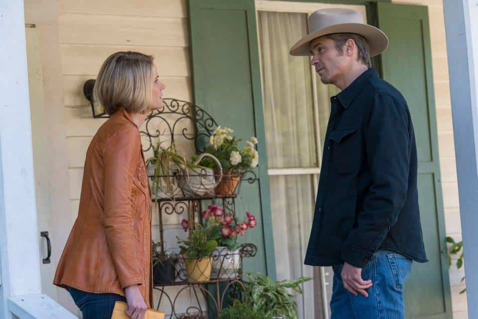 Joelle Carter (as Ava Crowder) and Timothy Olyphant (as Deputy US Marshal Raylan Givens) on the show Trust.