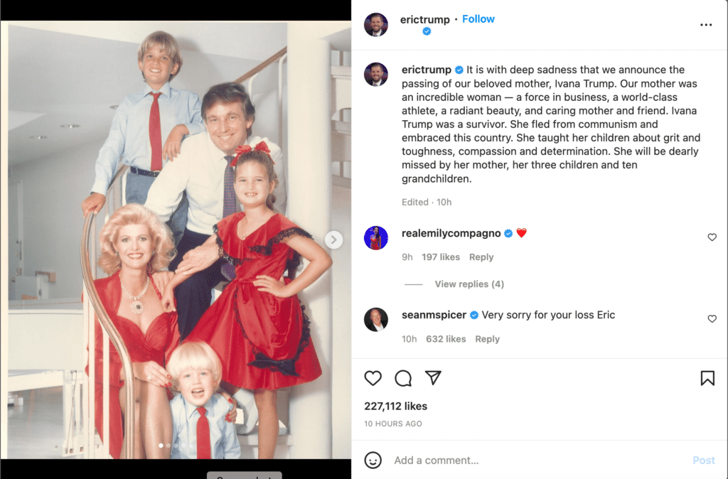 Eric Trump Instagram Post About his Mother's dEATHA