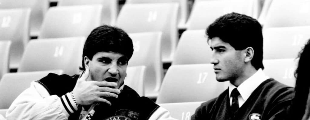 Brothers Mario and Stephen Fenech in the Grandstand of the new Sydney Football stadium watching the Reserve Grade Souths vs Wests game