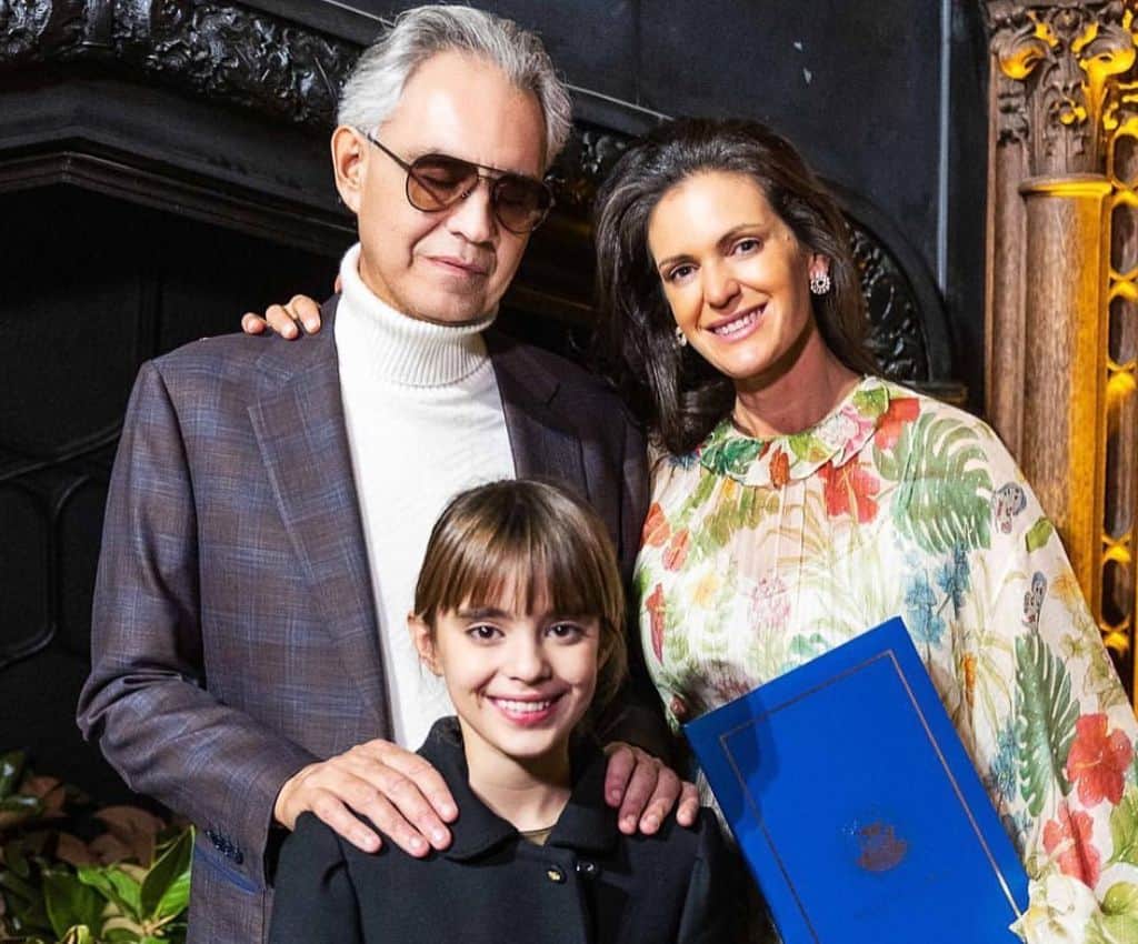 Andrea Bocelli with his wife and daughter.