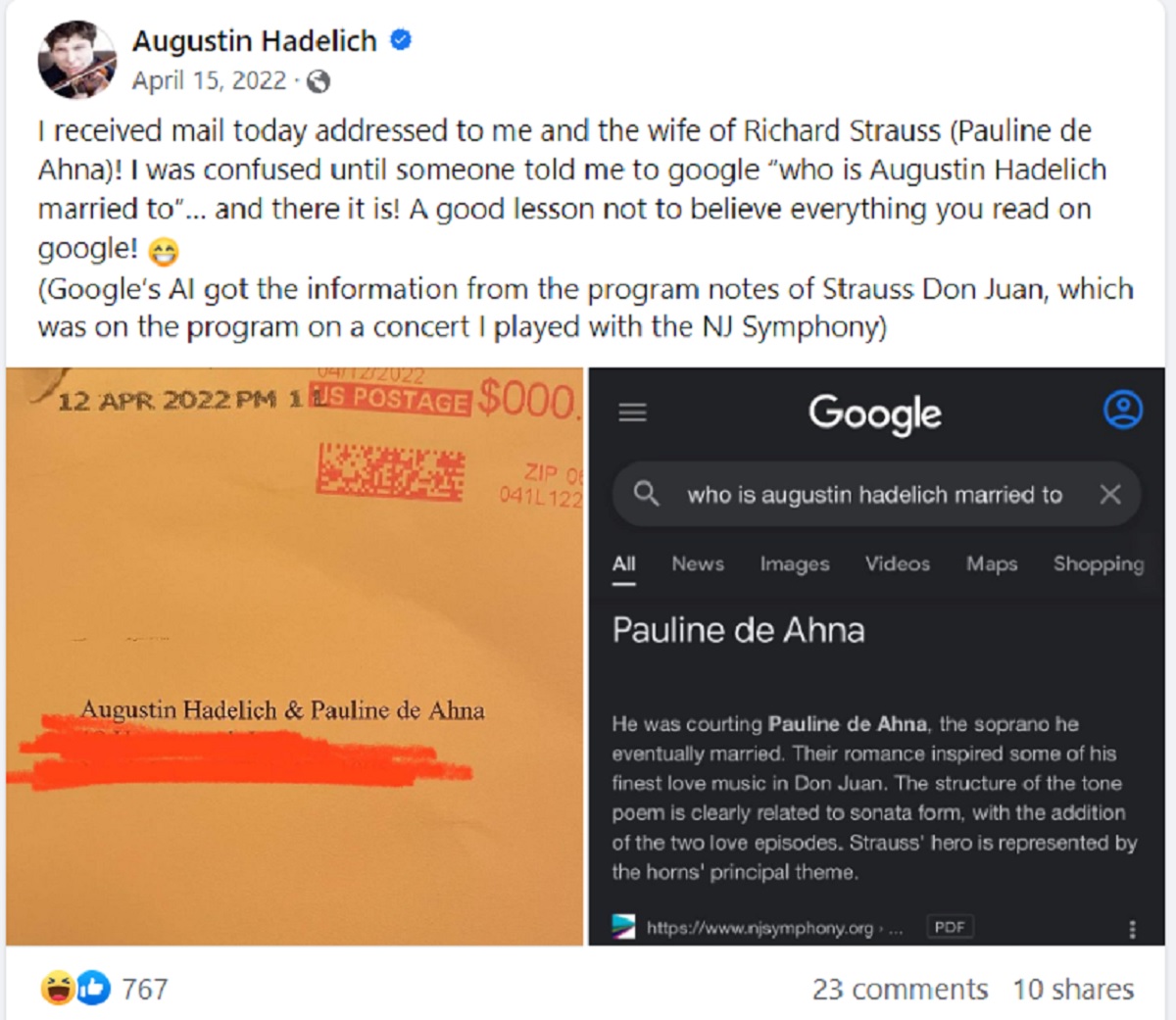 Augustin Hadelich Facebook post